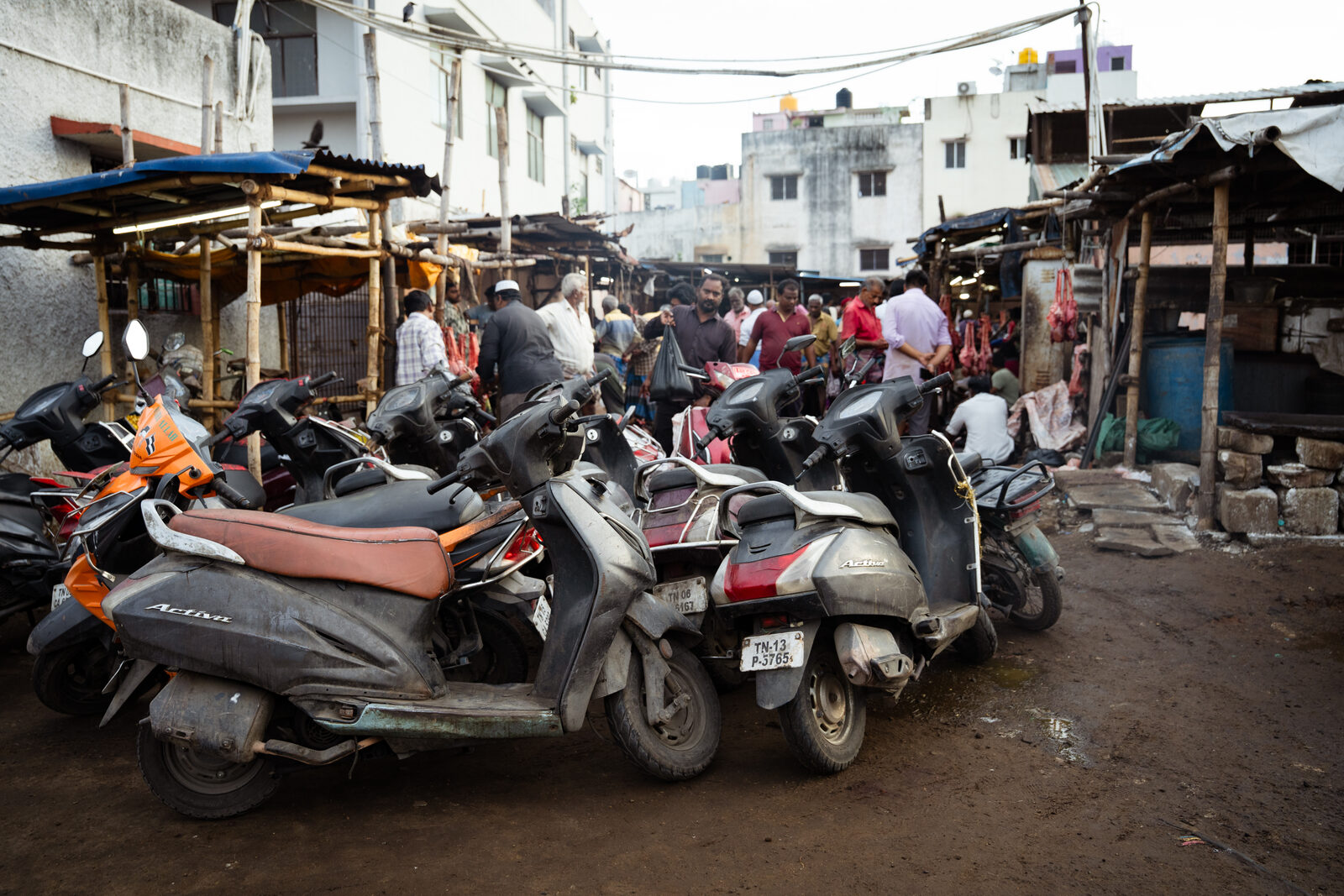 Vehicles parked at the slaughterhouse entrance, without a designated parking area.