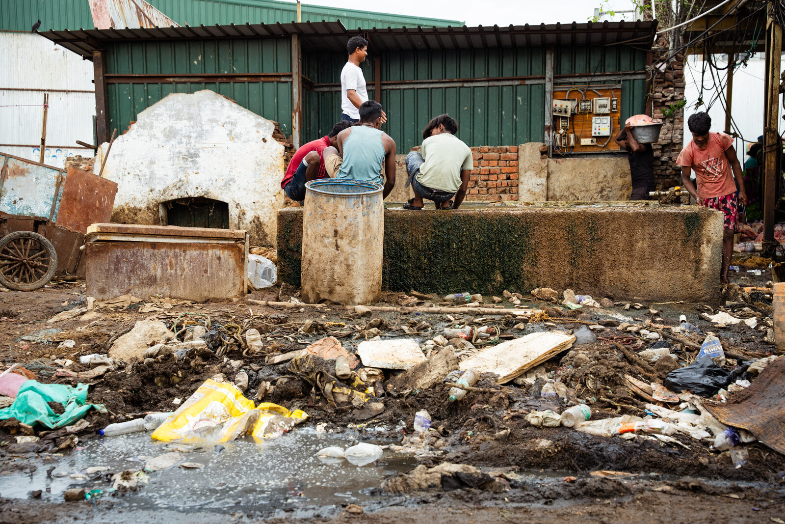 Migrant workers clean the cattle offal over a tank, surrounded by accumulated waste.
